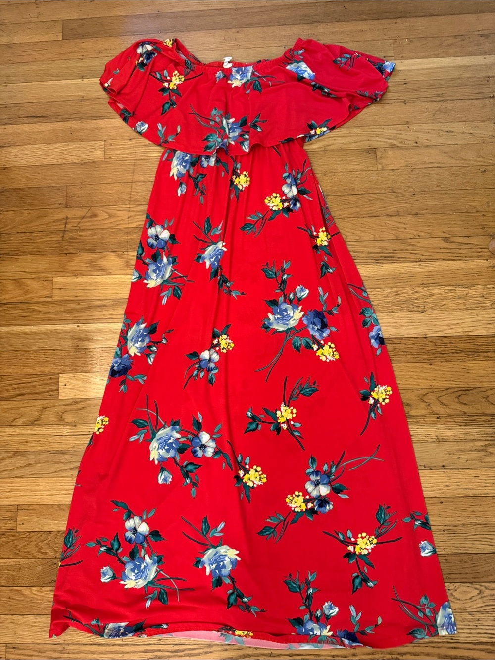 Red Floral Off-Shoulder Maternity Dress Perfect for Maternity Photo Shoots
